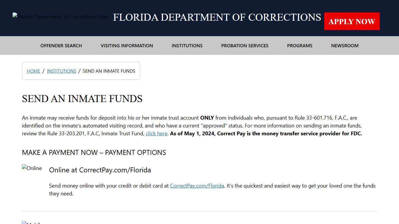 Send an Inmate Funds / Institutions - Florida Department of Corrections